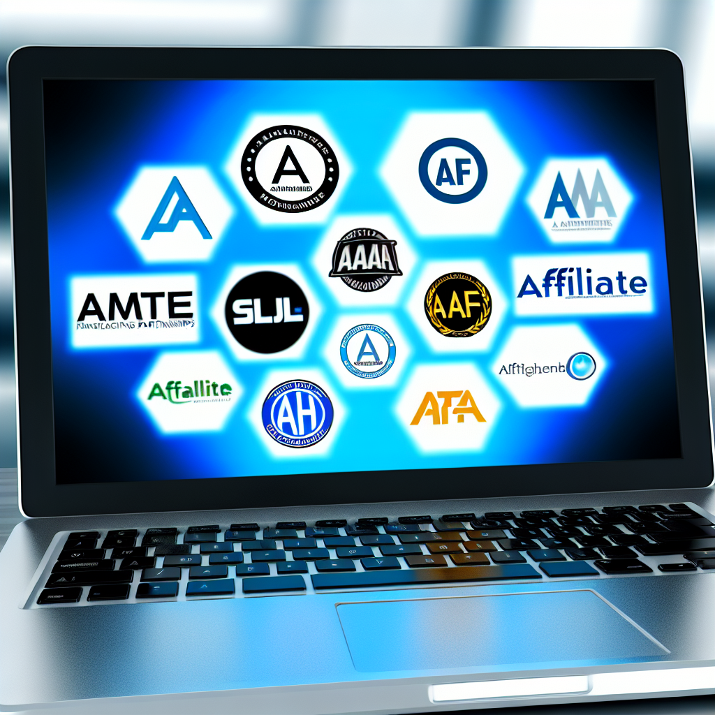 Various affiliate logos on laptop screen.